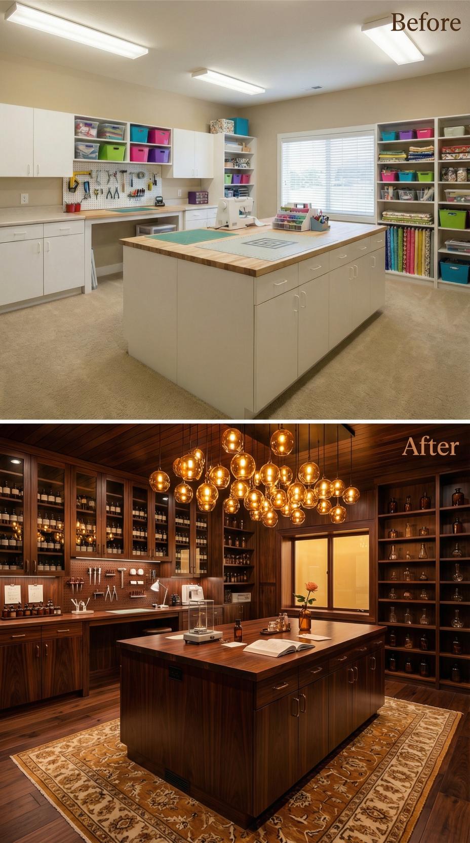 Bright Craft Shelving Transformed to Amber-Lit Apothecary with Wood Paneling
