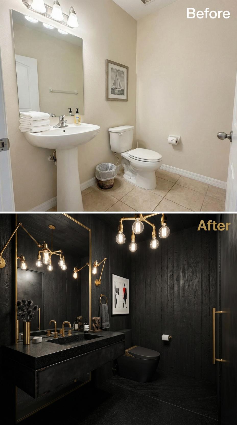Black Vertical Paneling and Gold Fixtures Obliterate Basic Beige