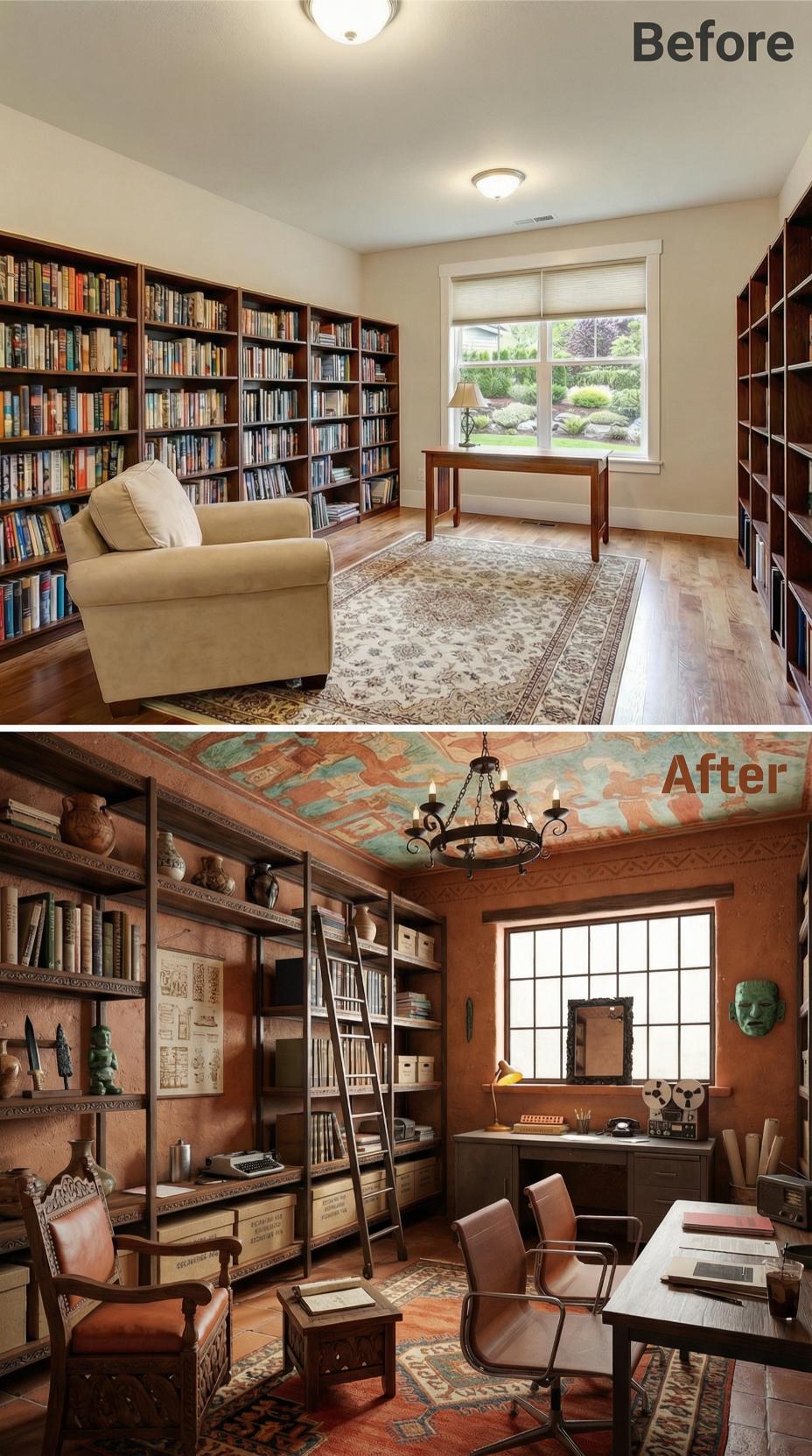 Painted Ceiling Map and Wrought-Iron Chandelier Overtake Simple Shelving