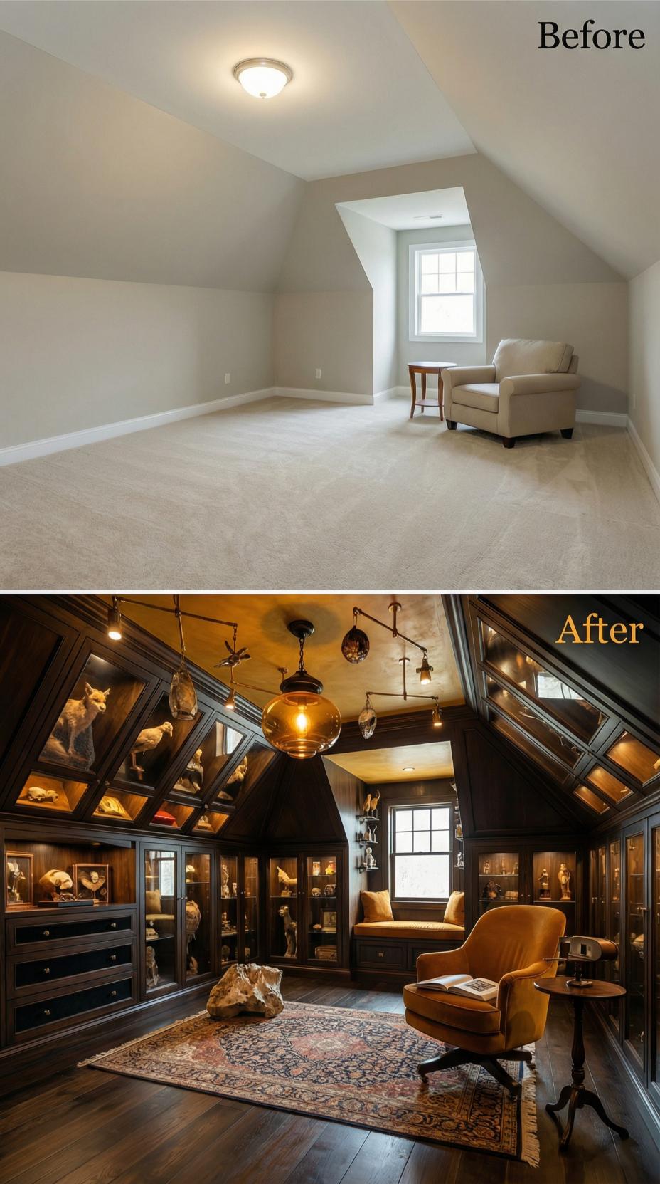 Dark Wood Display Cases Form Cabinet of Curiosities Under Peaked Roof