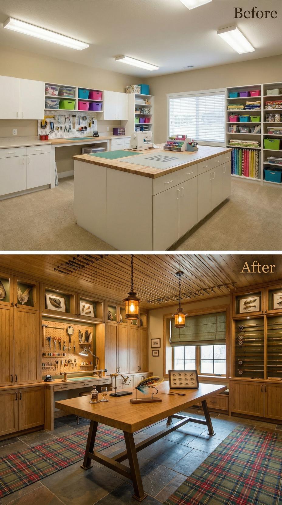 Colorful Storage Cubes Replaced by Wood-Planked Ceiling and Fishing Fly Display