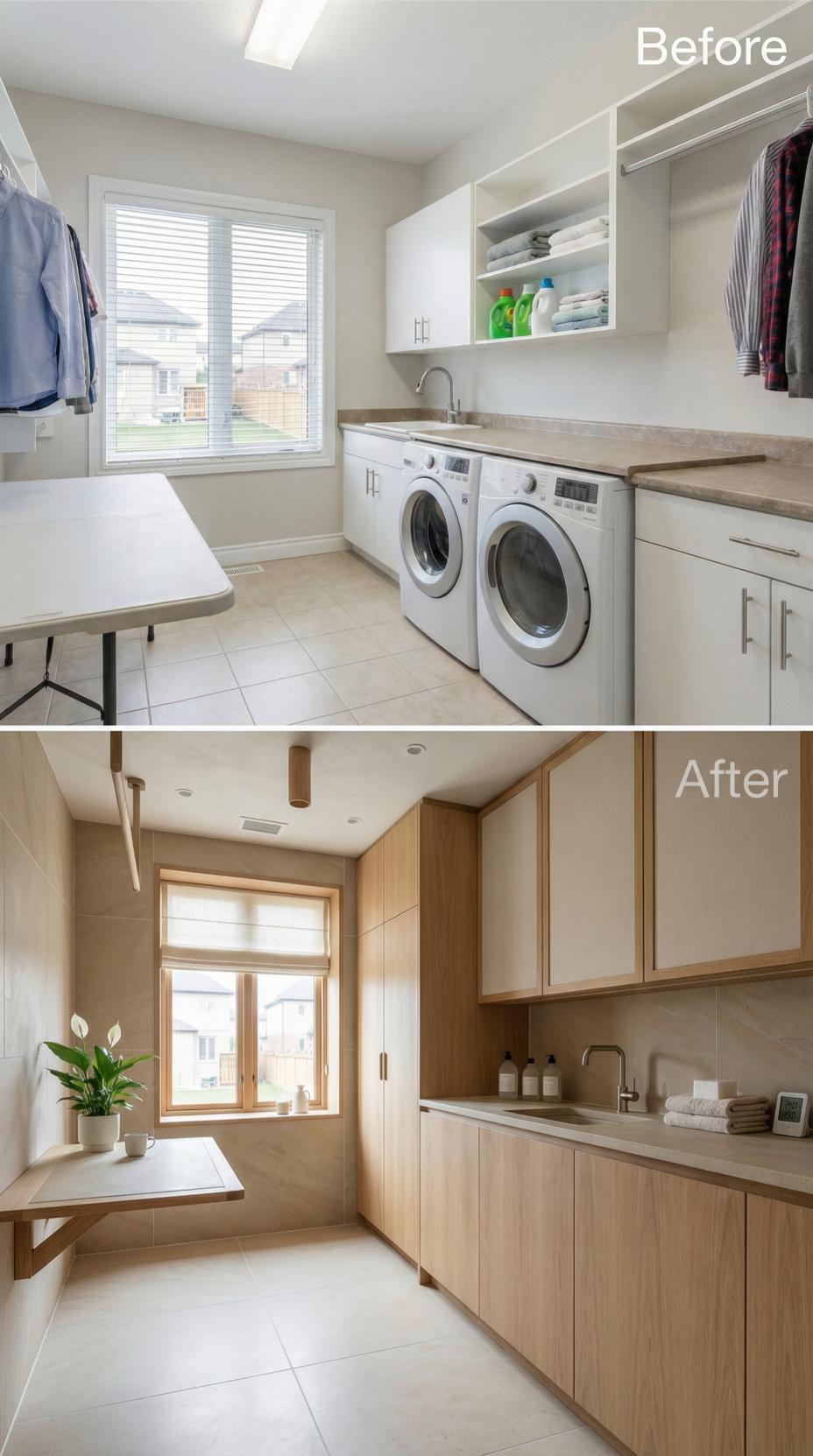 Warm Oak Volumes and Integrated Folding Table Retire White Laminate