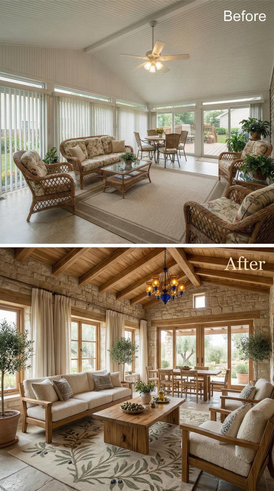 Vertical Blinds and Beadboard Vanish Behind Stone Walls and Timber Trusses