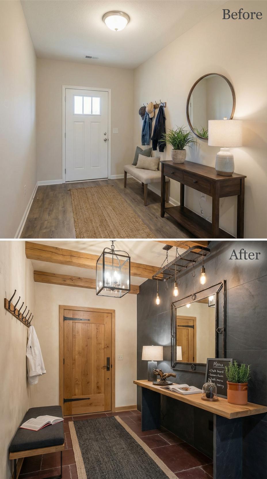 Industrial Pendant Lights and Exposed Beams Replace Subdued Entry