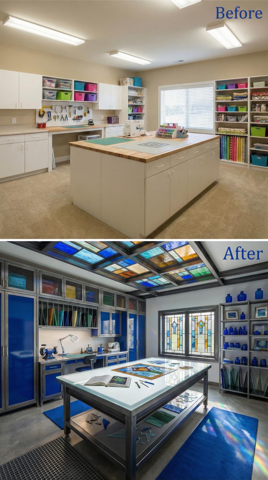 Beige Laminate and Fluorescent Boxes Give Way to Cobalt Cabinets and Stained Glass Grid
