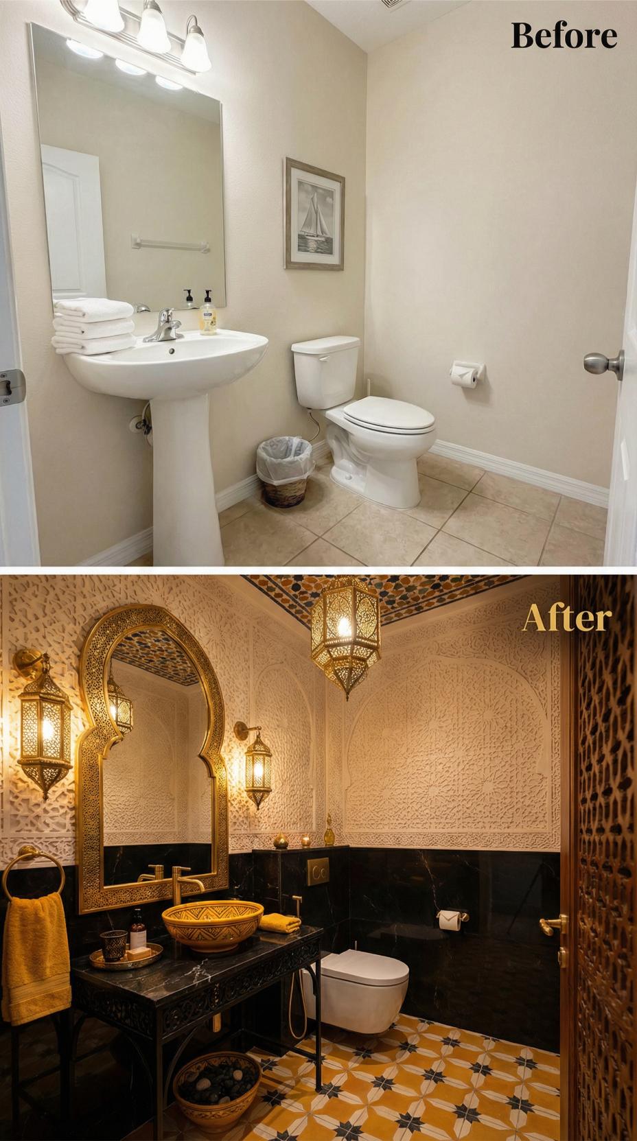 Moroccan Ornamentation and Gold Vessel Sink Displace Pedestal Simplicity