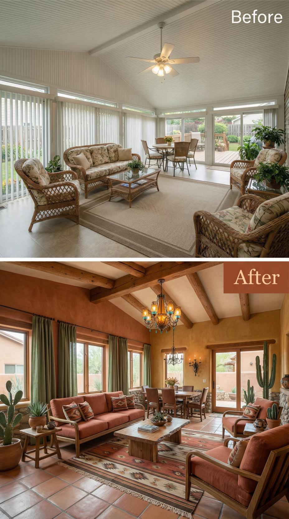 Beadboard and Brass Fan Cleared for Exposed Beams and Terracotta Tile