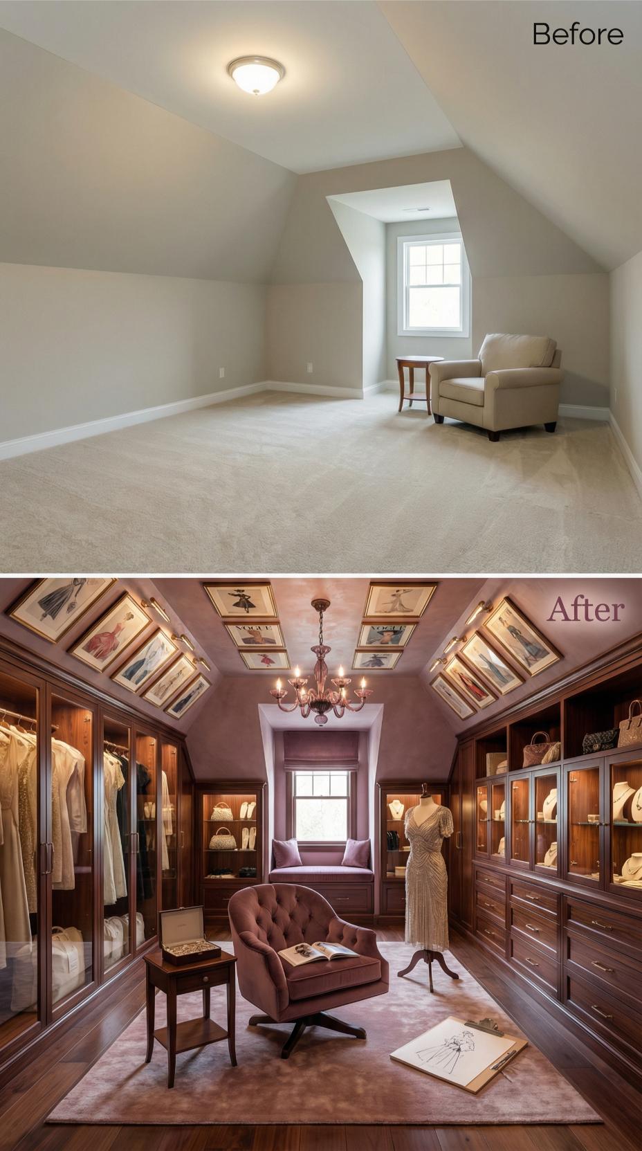 Aubergine Walk-In Closet with Illuminated Fashion Sketches