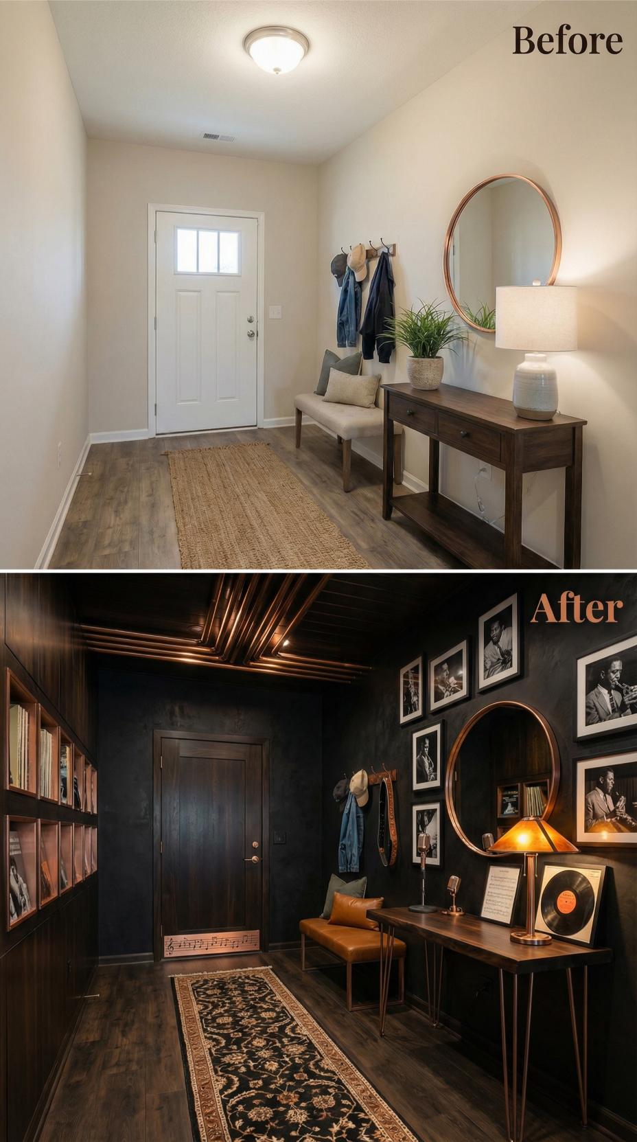 Jazz Album Gallery and Copper Ceiling Slats Transform Music Lover's Entry