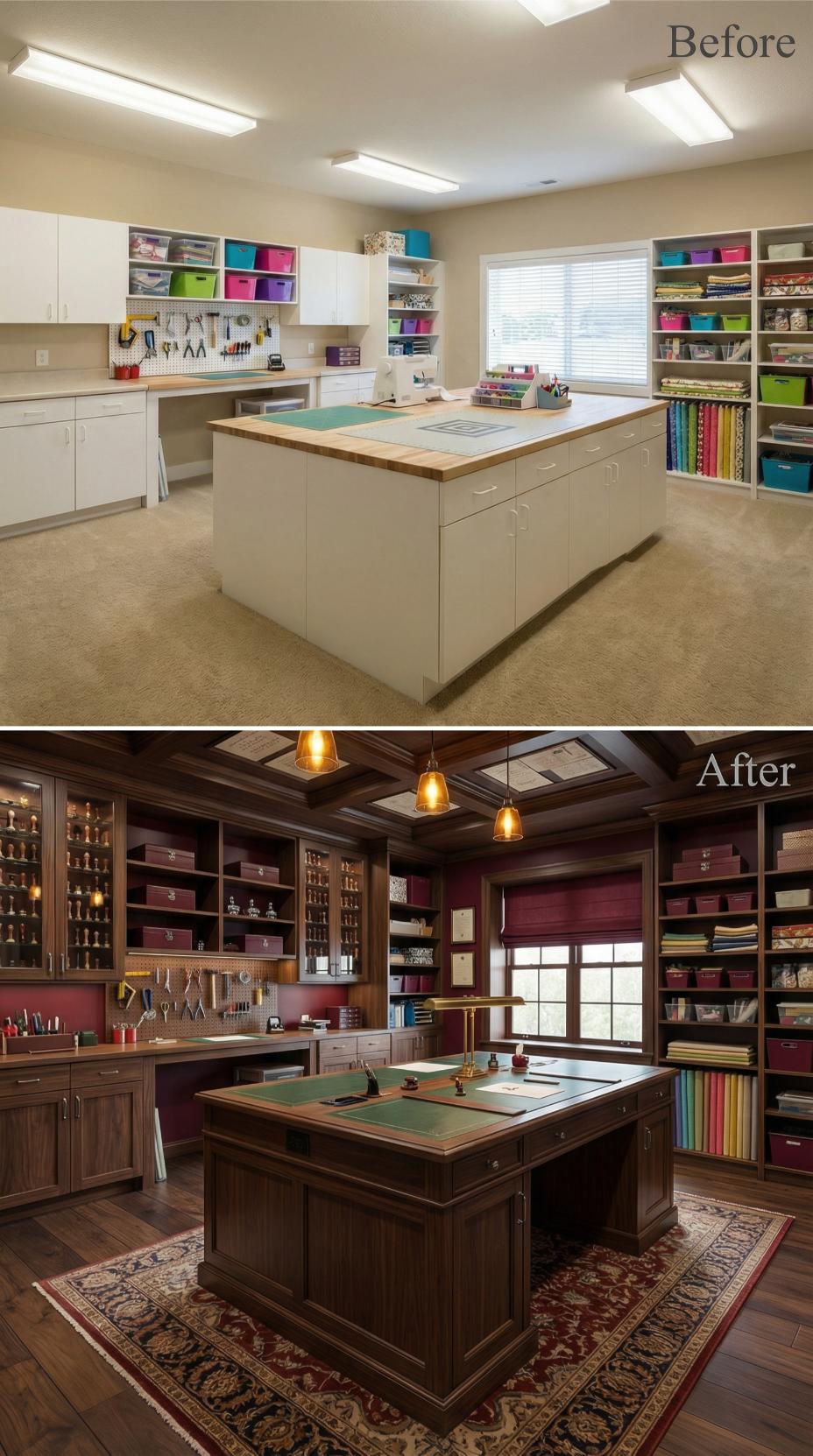 Utilitarian Island and Fluorescent Tubes Replaced by Coffered Mahogany Study