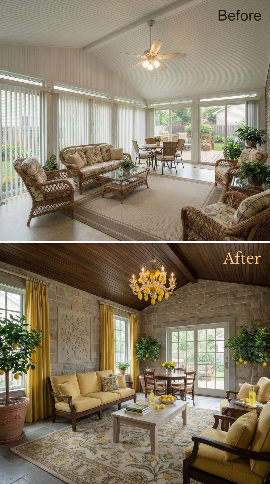 Beige Ribbed Panels Swapped for Stone Veneer and Chandelier Drama