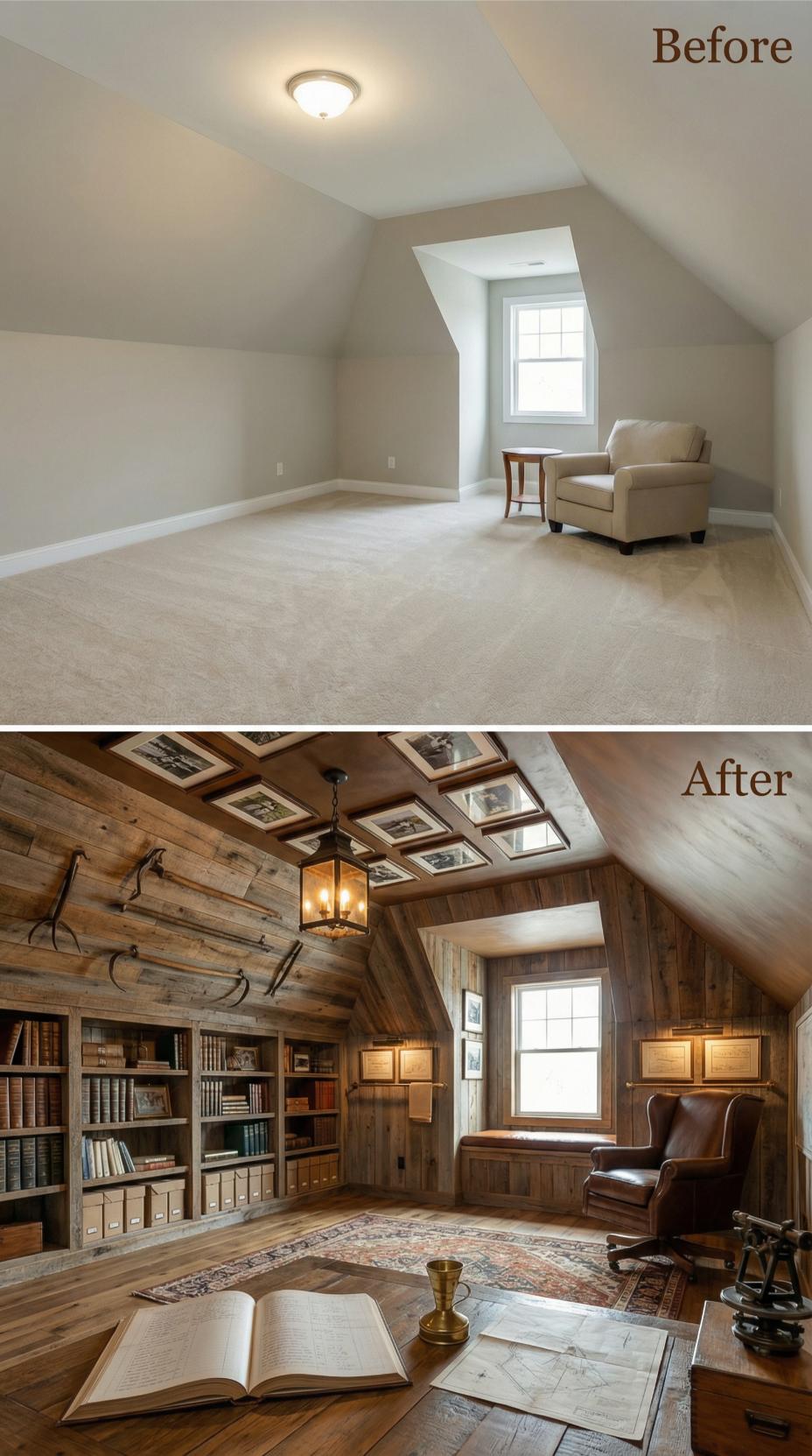 Rustic Library with Skylights Framing Vintage Toboggan Display