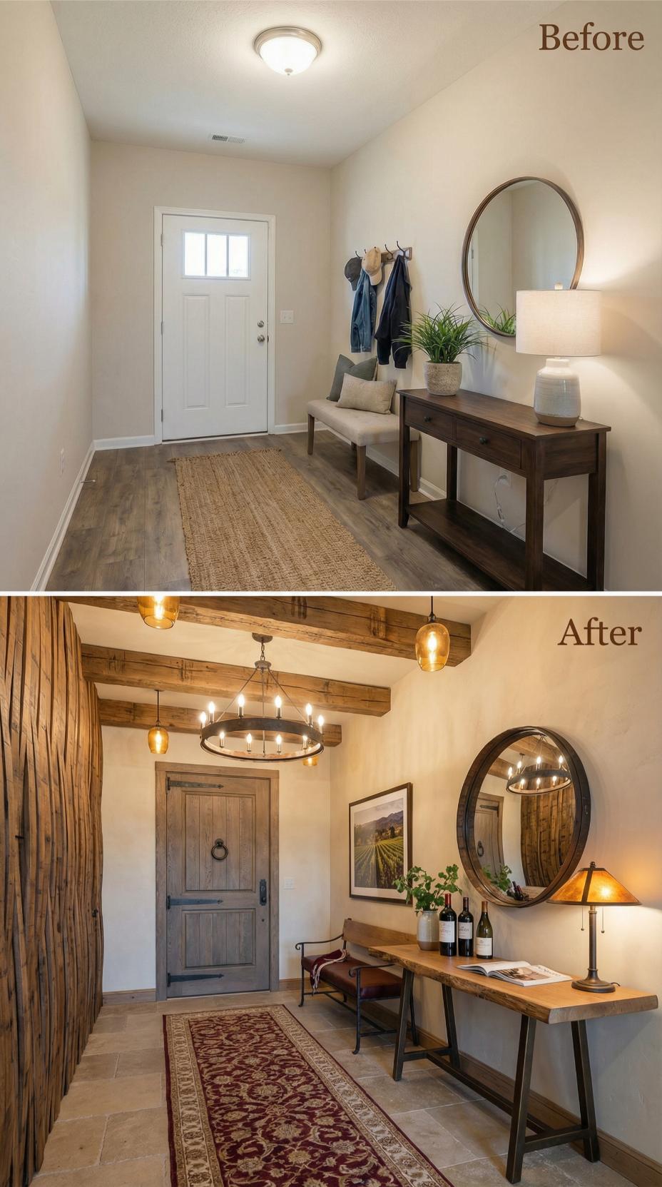 Exposed Ceiling Beams and Wine Tasting Display Create Vineyard Entry