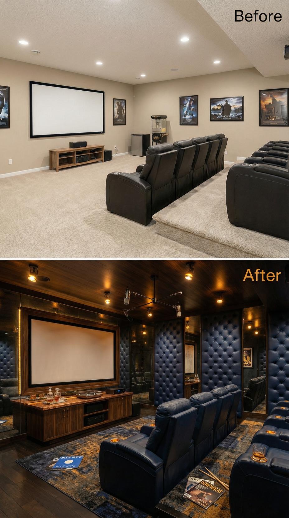 Tufted Indigo Panels and Brass Sconces Obliterate Beige Carpeted Void