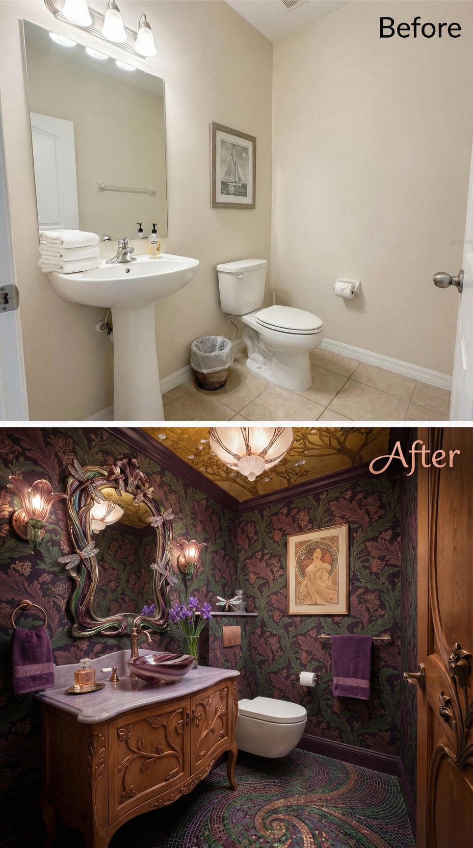 Art Nouveau Opulence in Plum and Gold Topples Pedestal Beige
