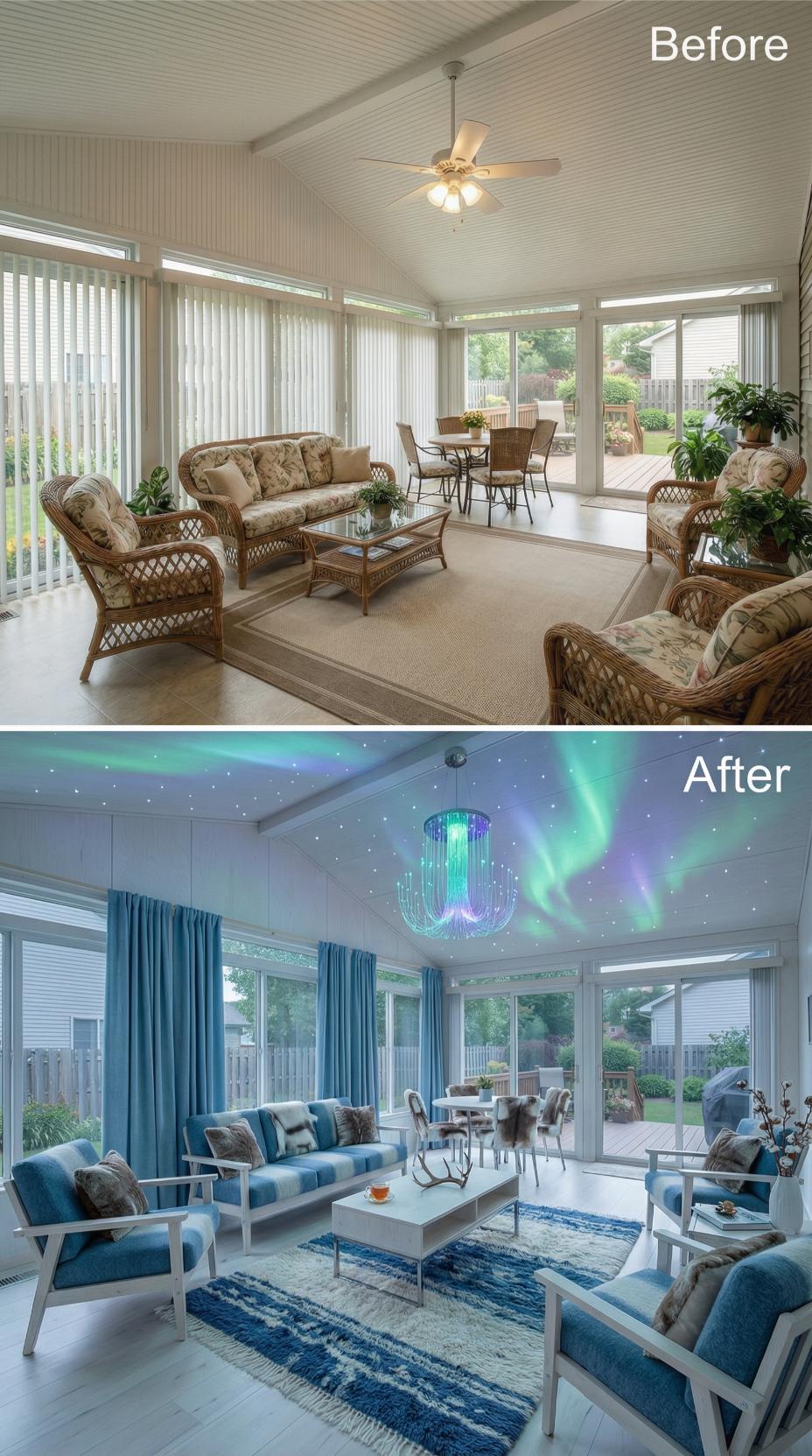 Wicker Traditionalism Erased by Illuminated Ceiling and Icy Blue Velvet