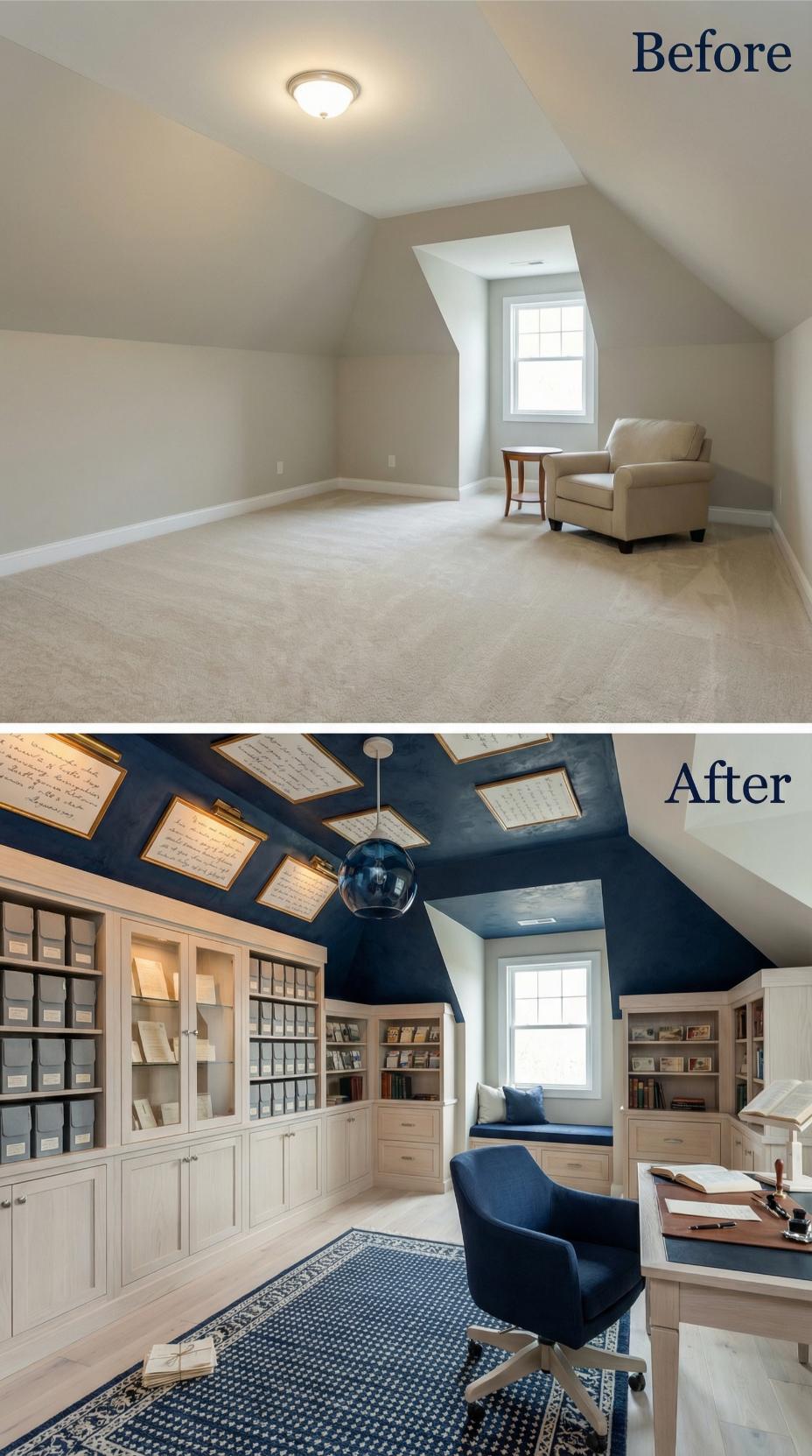 Deep Blue Vaulted Office with Framed Letter Archive and Window Seat