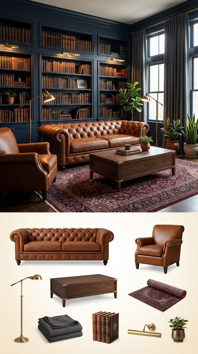 Midnight Navy Sanctuary with Cognac Leather and Brass Accents