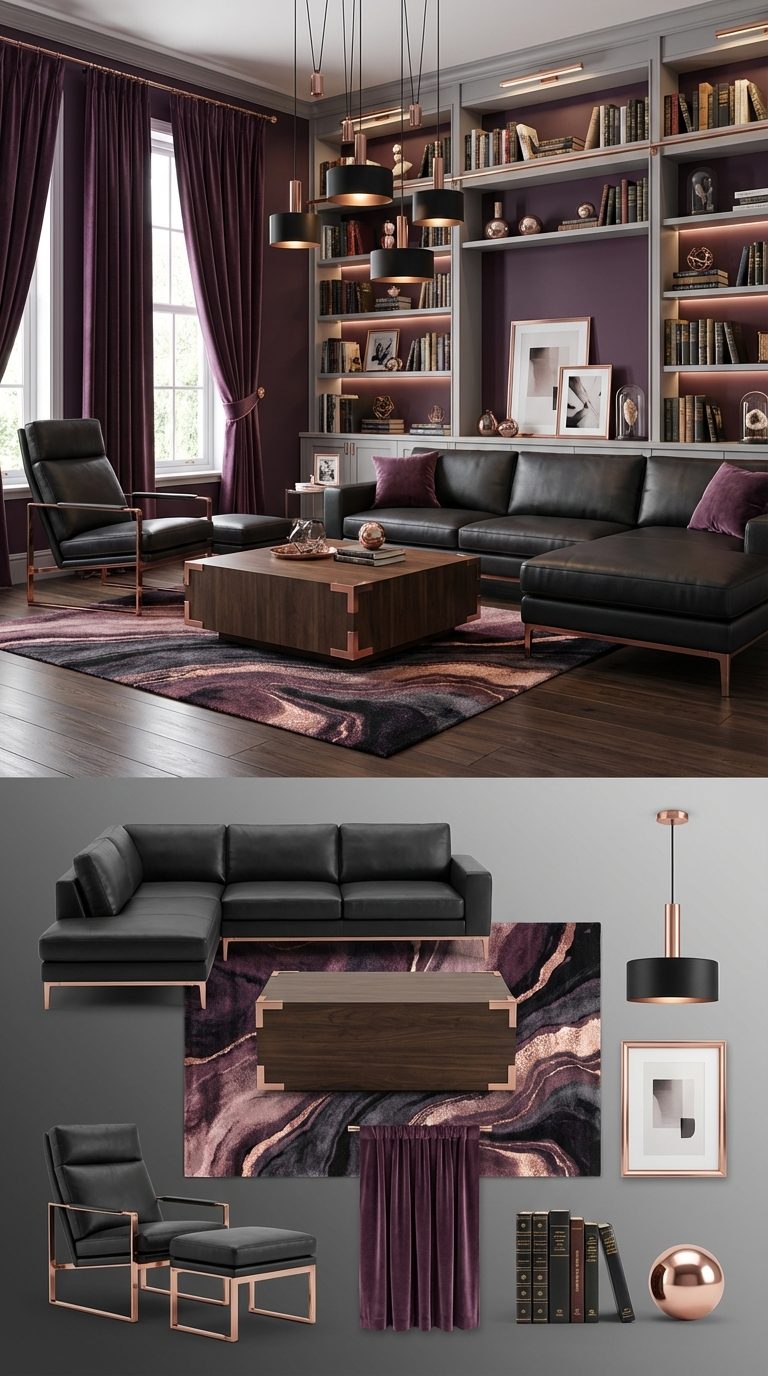 Deep Plum Study with Black Leather and Rose Gold Accents