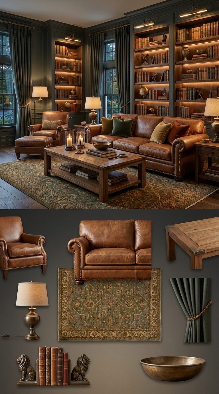 Charcoal Green Library with Caramel Leather and Aged Bronze Elements