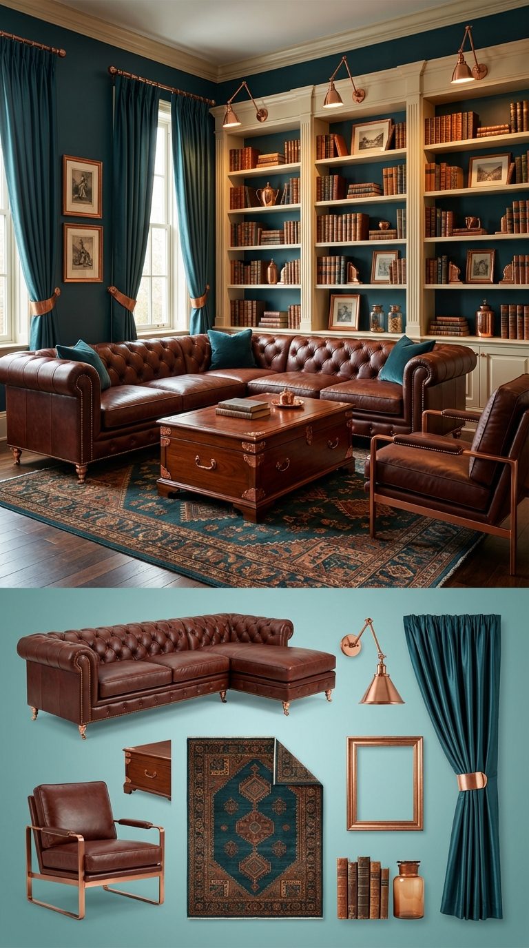 Deep Teal Sanctuary with Mahogany Leather and Copper Gallery Lighting
