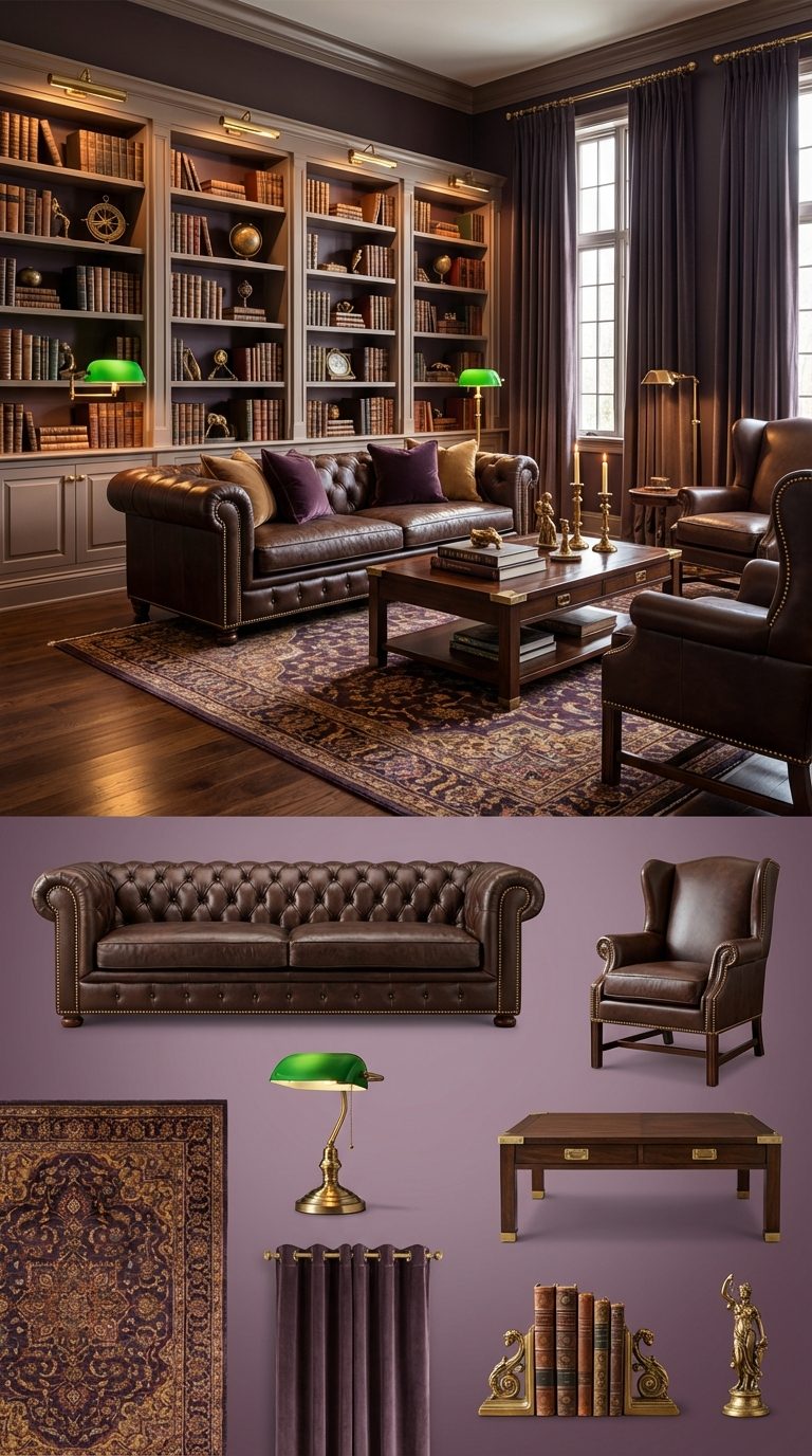 Smoky Aubergine Study with Espresso Leather and Warm Brass Library Fixtures