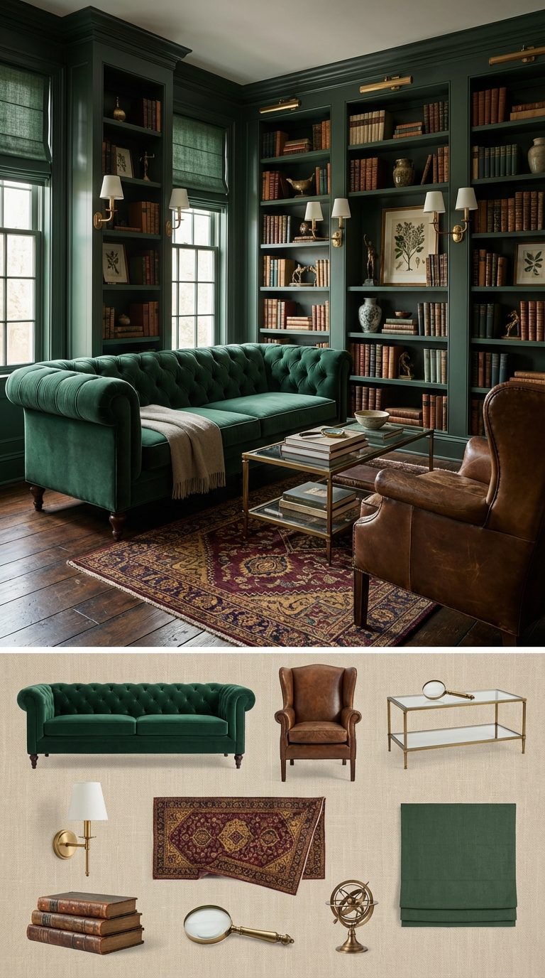 Forest Green Study with Vintage Velvet and Antique Brass