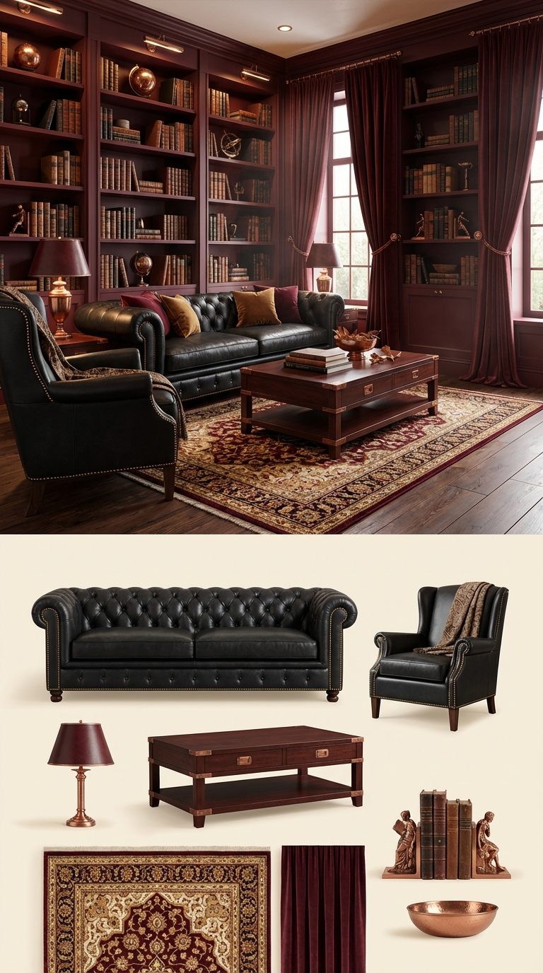 Burgundy Library with Black Leather and Copper Highlights