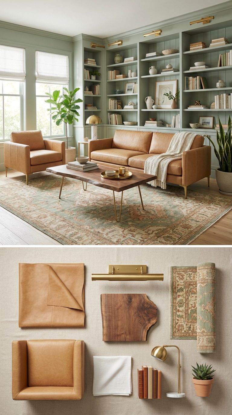 Sage Green Retreat with Camel Leather and Brass Gallery Lighting