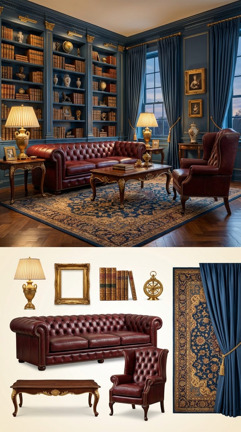 Prussian Blue Study with Oxblood Leather and Antique Gold Details