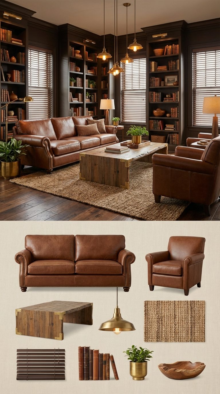 Espresso Brown Cocoon with Saddle Leather and Warm Brass Pendants