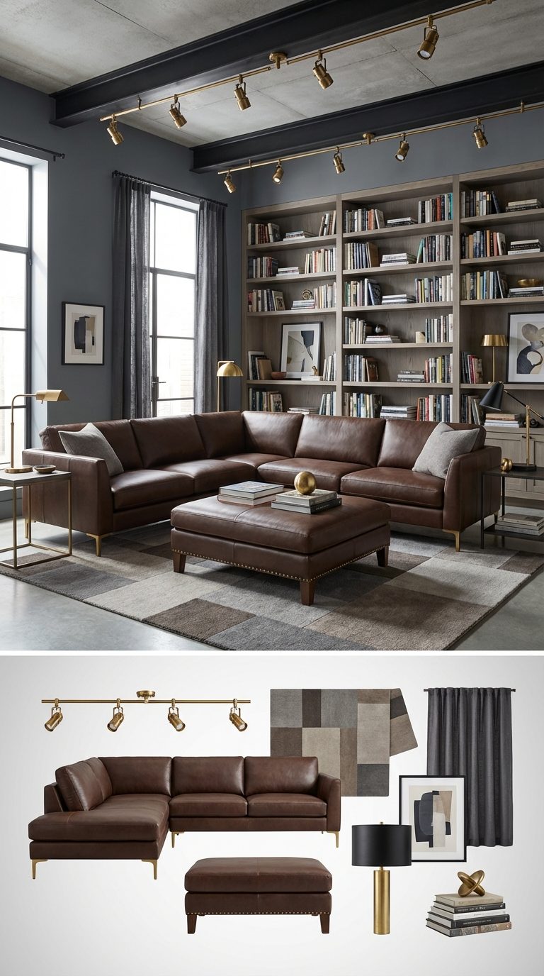 Slate Gray Library with Chocolate Leather and Industrial Brass Fixtures