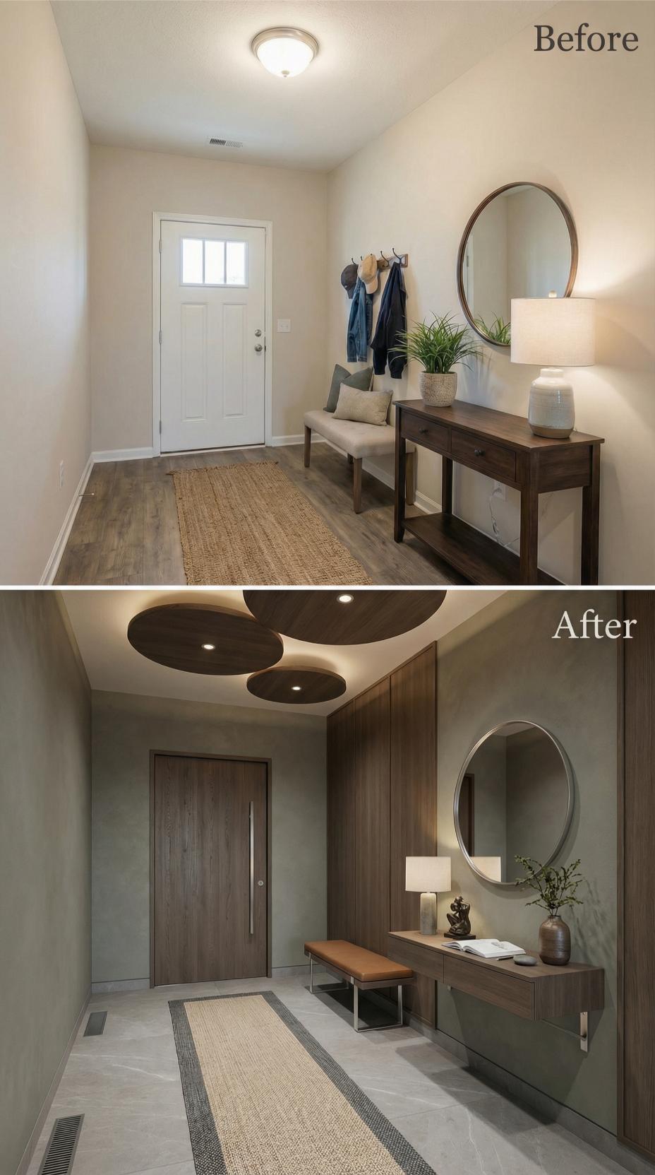 Sculptural Ceiling Discs and Vertical Walnut Veneer Replace White Door Entry