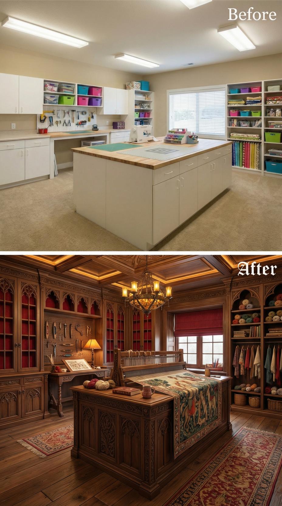 Craft Station Fluorescents Swapped for Gothic Library with Coffered Cove