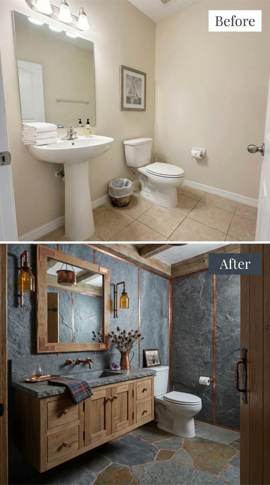 Rustic Lodge Aesthetic in Slate and Raw Wood Erases Pedestal Beige