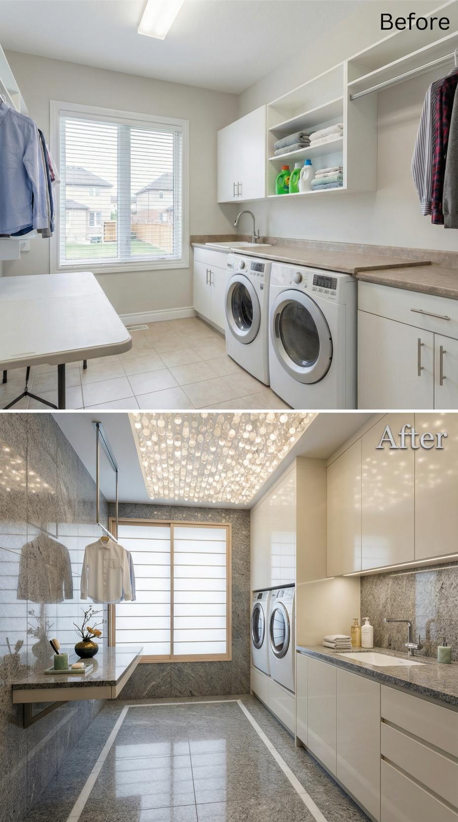 Capiz Chandelier and Concrete Tile Floor Dismantle White Laminate