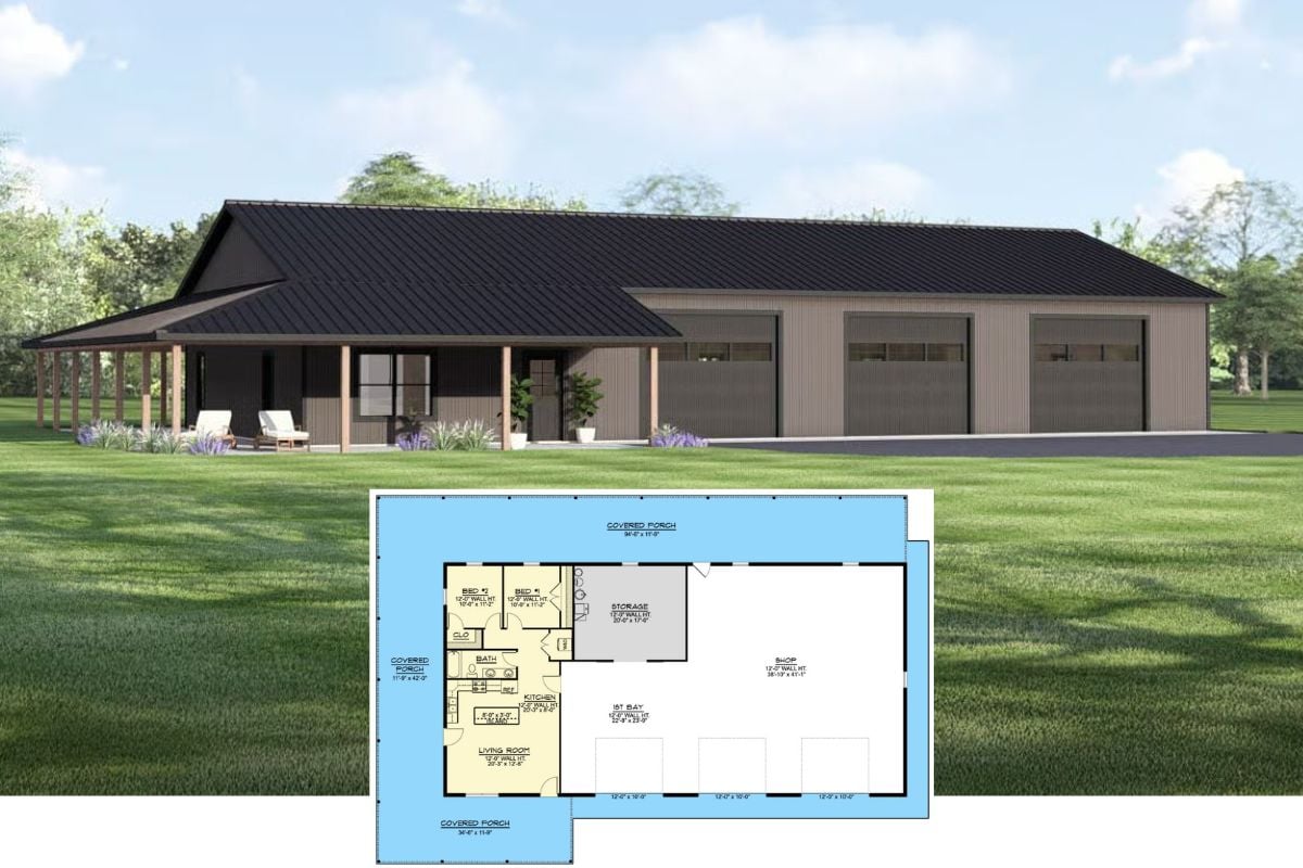 Barndominium-Style 2-Bedroom Home with 3-Car Garage and Wraparound Porch (Floor Plan)