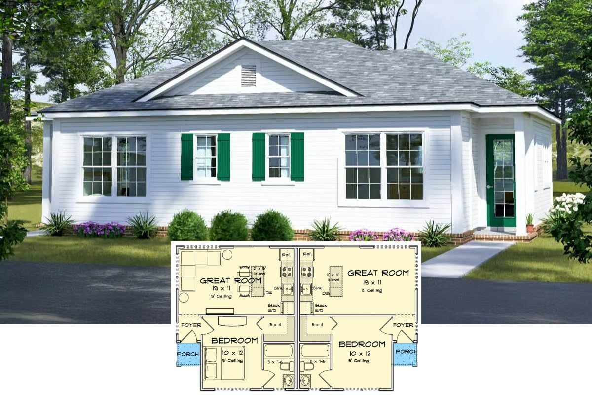 2-Bedroom Cottage Duplex with Small Front Porches and Open-Concept Living (Floor Plan)