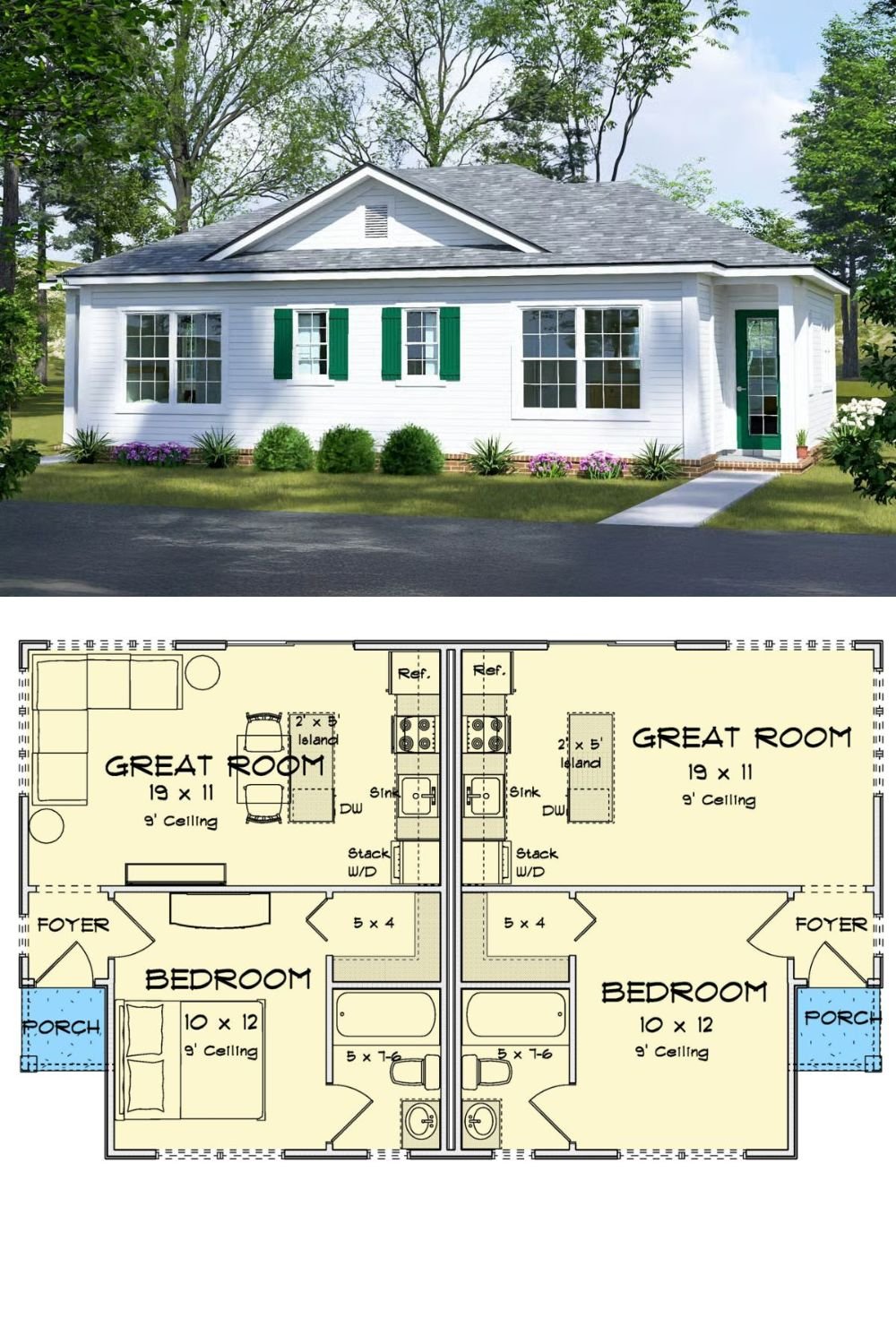 2-Bedroom Cottage Duplex with Small Front Porches and Open-Concept Living (Floor Plan)