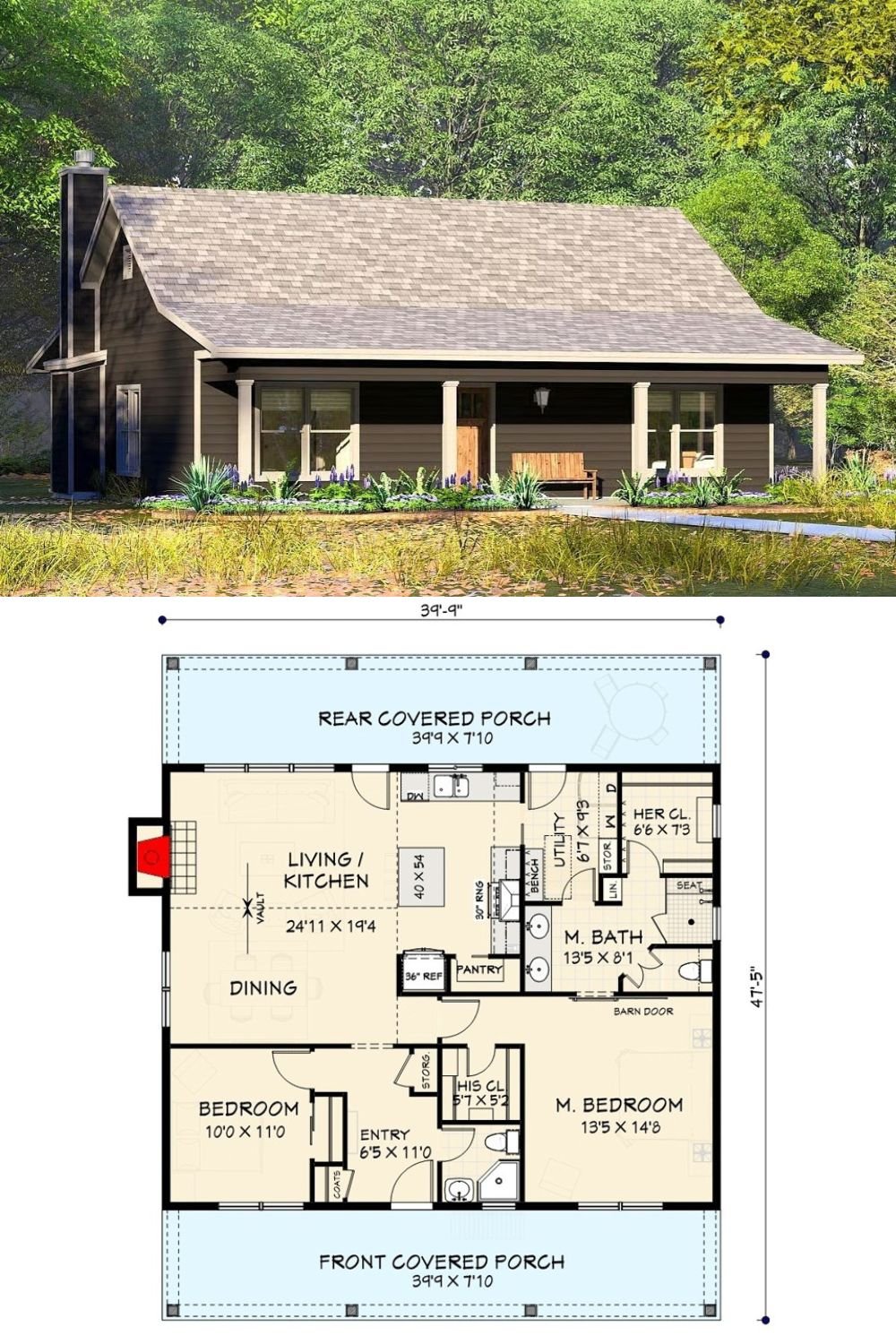 Country-Style 2-Bedroom Cabin with Covered Front and Back Porches (Floor Plan)