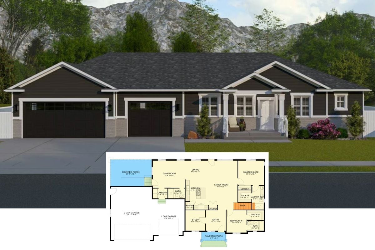 Craftsman-Style 2-Bedroom Ranch with 3-Car Garage and Basement Expansion (Floor Plan)