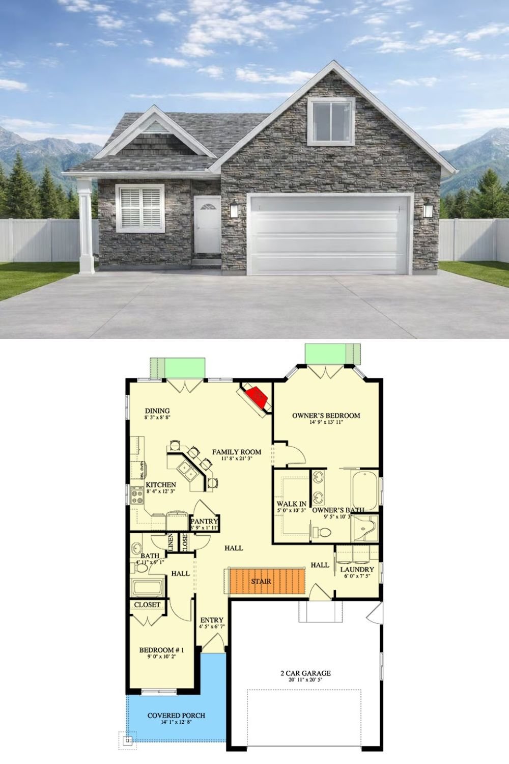 Craftsman-Style 2-Bedroom Ranch with Front Porch and Basement Expansion (Floor Plan)