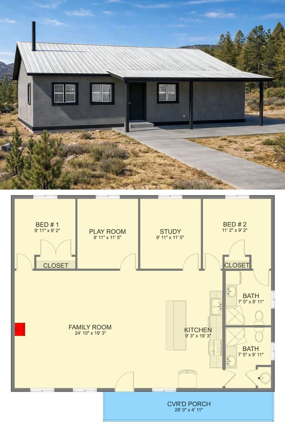 Rustic 2-Bedroom Cabin with Open Floor Plan and Covered Front Porch (Floor Plan)