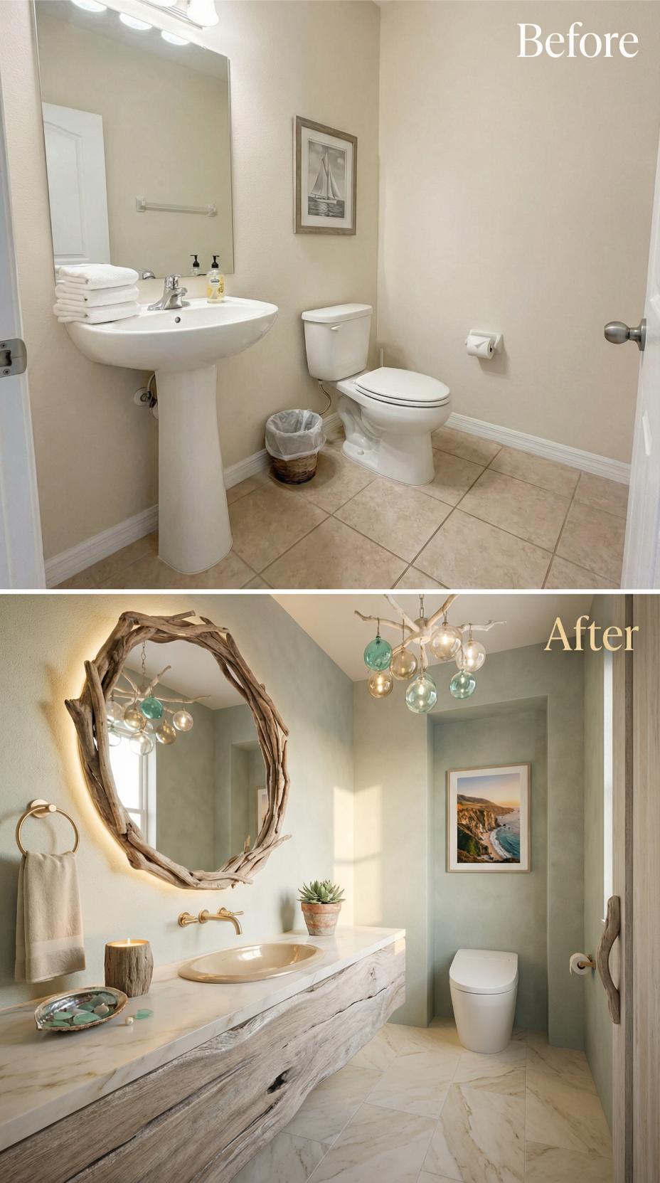 Driftwood Vanity and Coastal Sage Paint Eject Basic Pedestal Beige