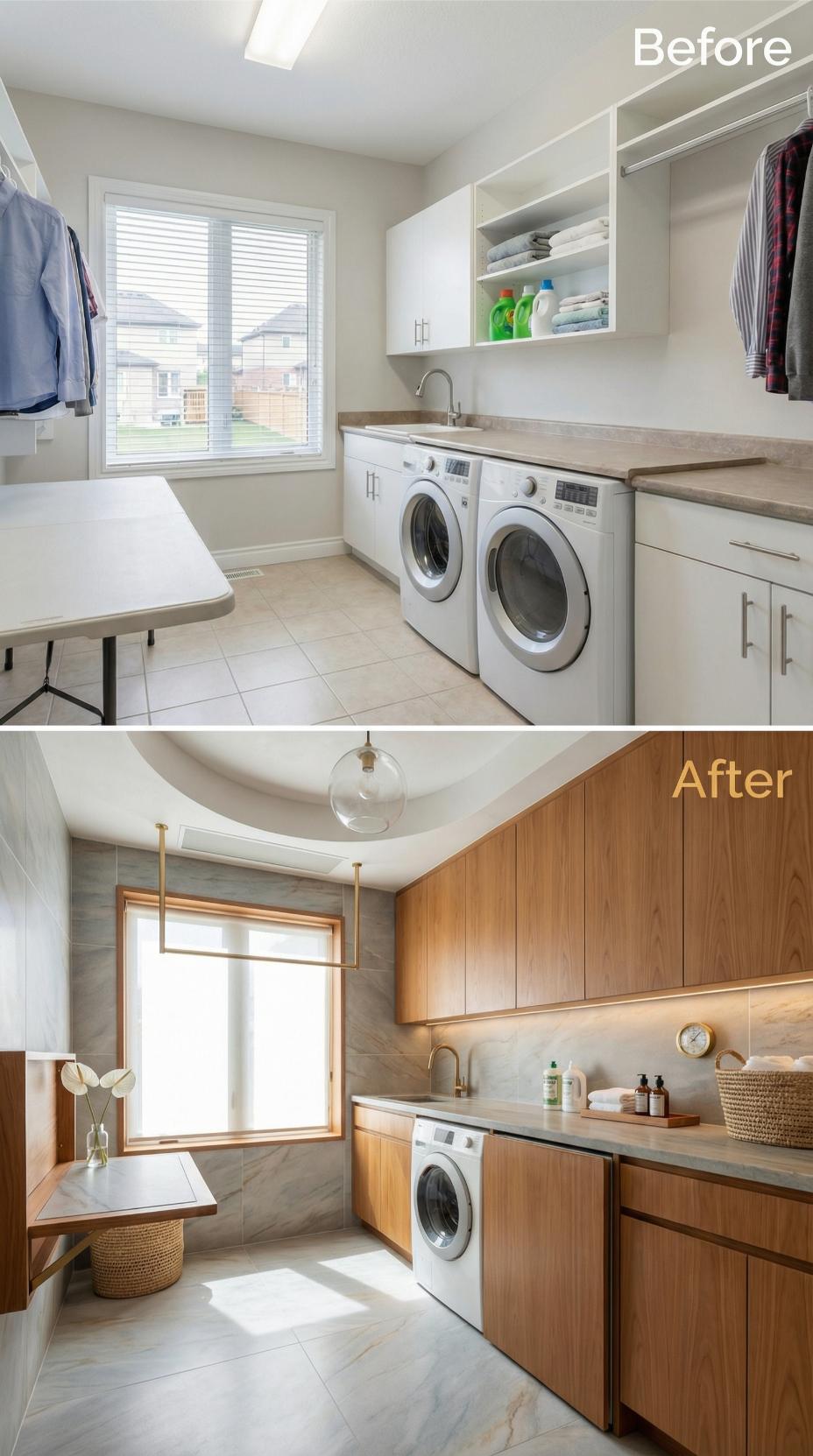 Vertical-Grain Teak Cabinetry and Marble Slab Backsplash Succeed White Laminate