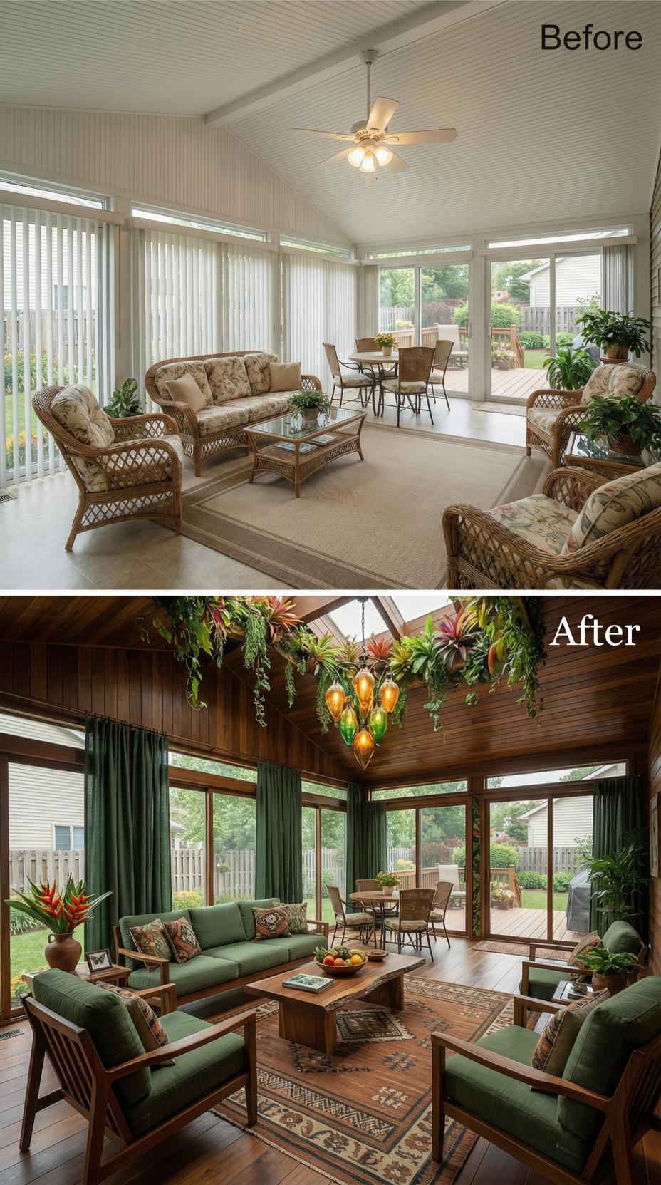 Pale Beadboard and Wicker Furniture Ousted by Walnut Planking and Sage Upholstery