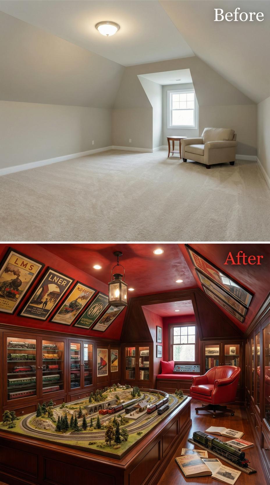 Crimson-Paneled Train Room with Model Railway Layout and Display Cabinets