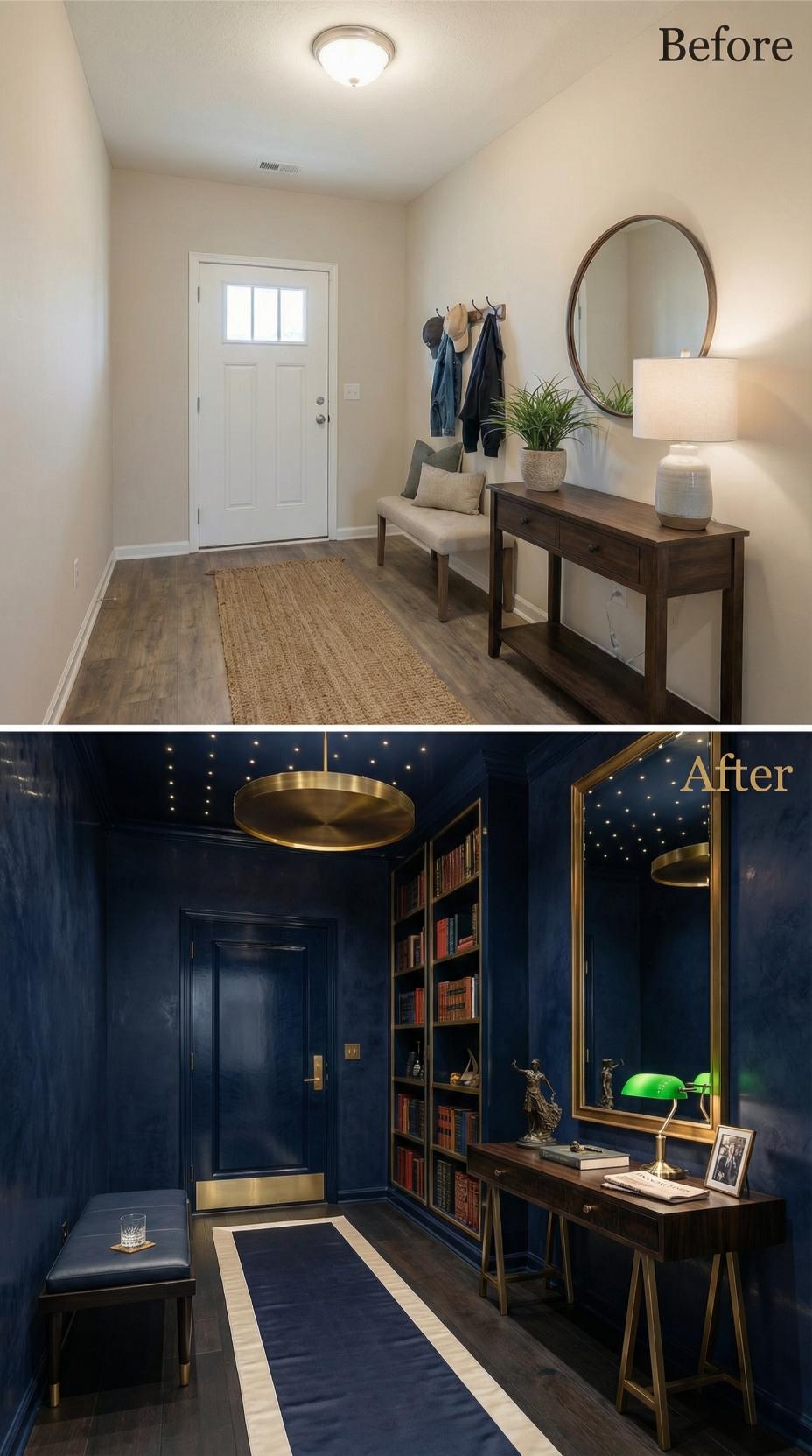 Navy Lacquered Library Walls and Brass Fixtures Replace Beige Staging