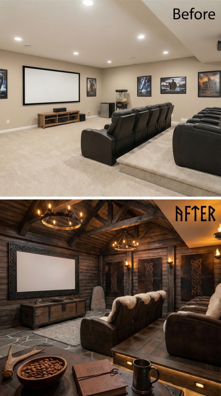 Viking Mead Hall Ceiling Beams and Celtic Wall Panels Replace Suburban Carpet