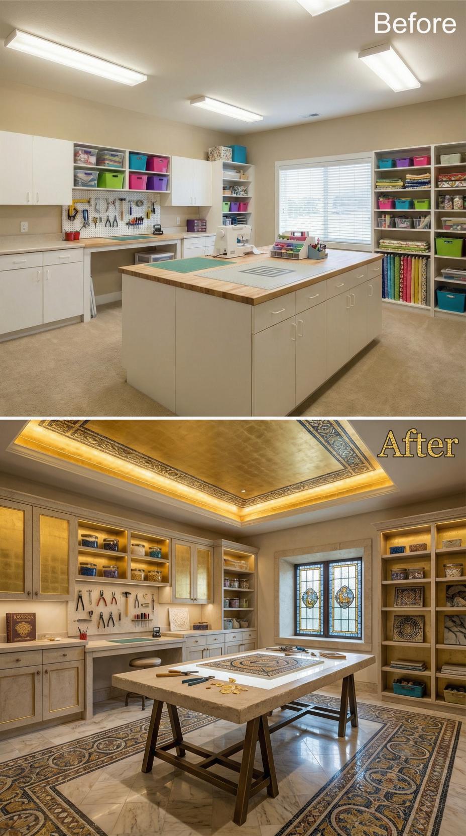 Clean Laminate Cubby System Surrenders to Aged Glass Cabinetry and Tray Ceiling
